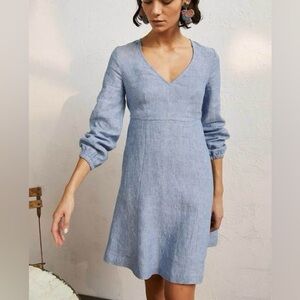 Boden 100% Linen A-Line Dress Chambray Blue 8P Elastic Long Sleeve V-Neck Summer